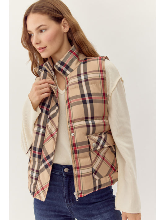 Plaid Padded High Collar Vest