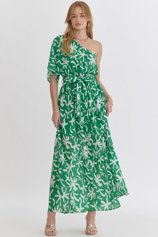 Green Printed One Shoulder Midi Dress