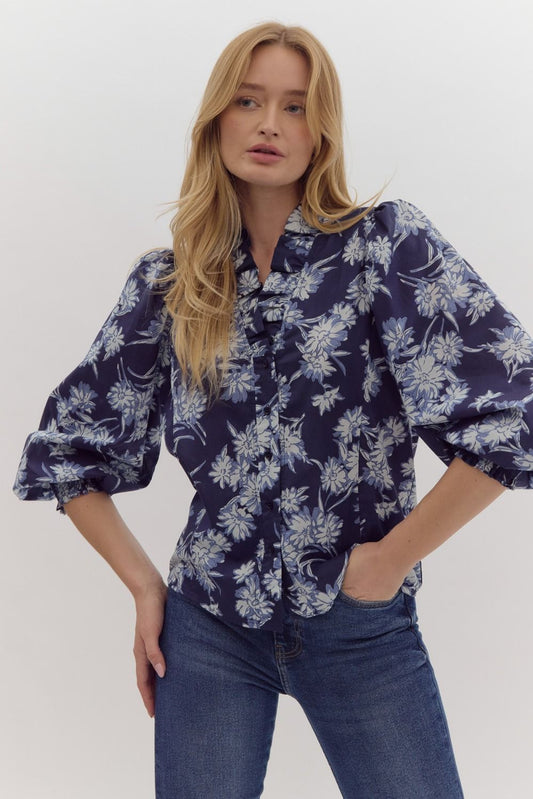 Winter Blue Floral Blouse