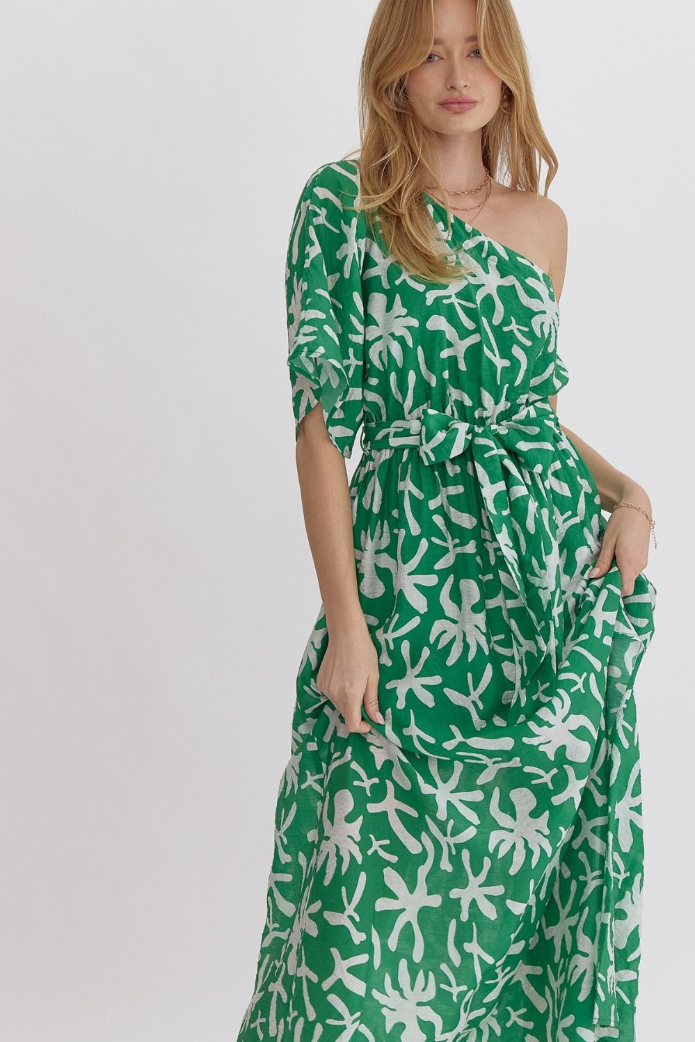 Green Printed One Shoulder Midi Dress