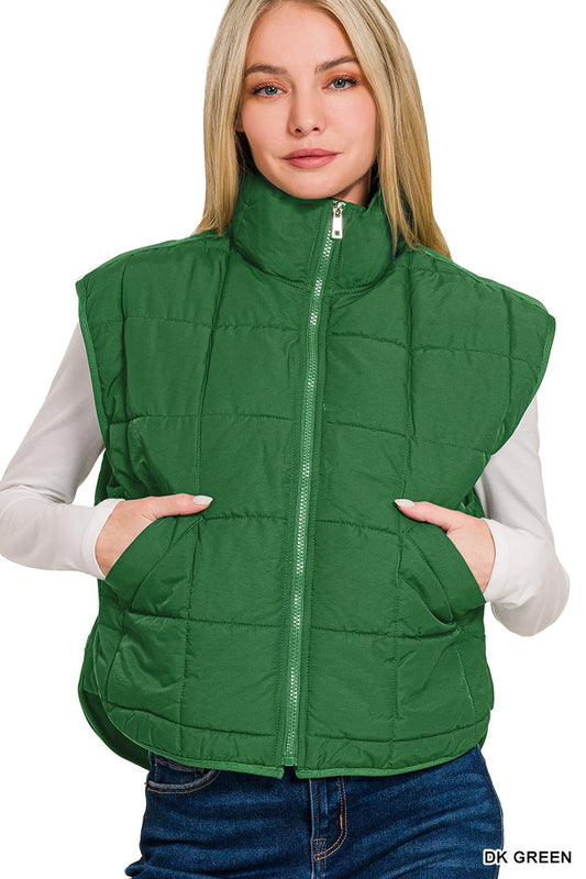 Green High Neck Puffer Vest