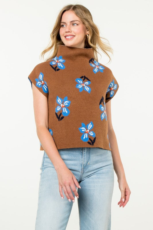 Brown & Blue Flower Knit Top