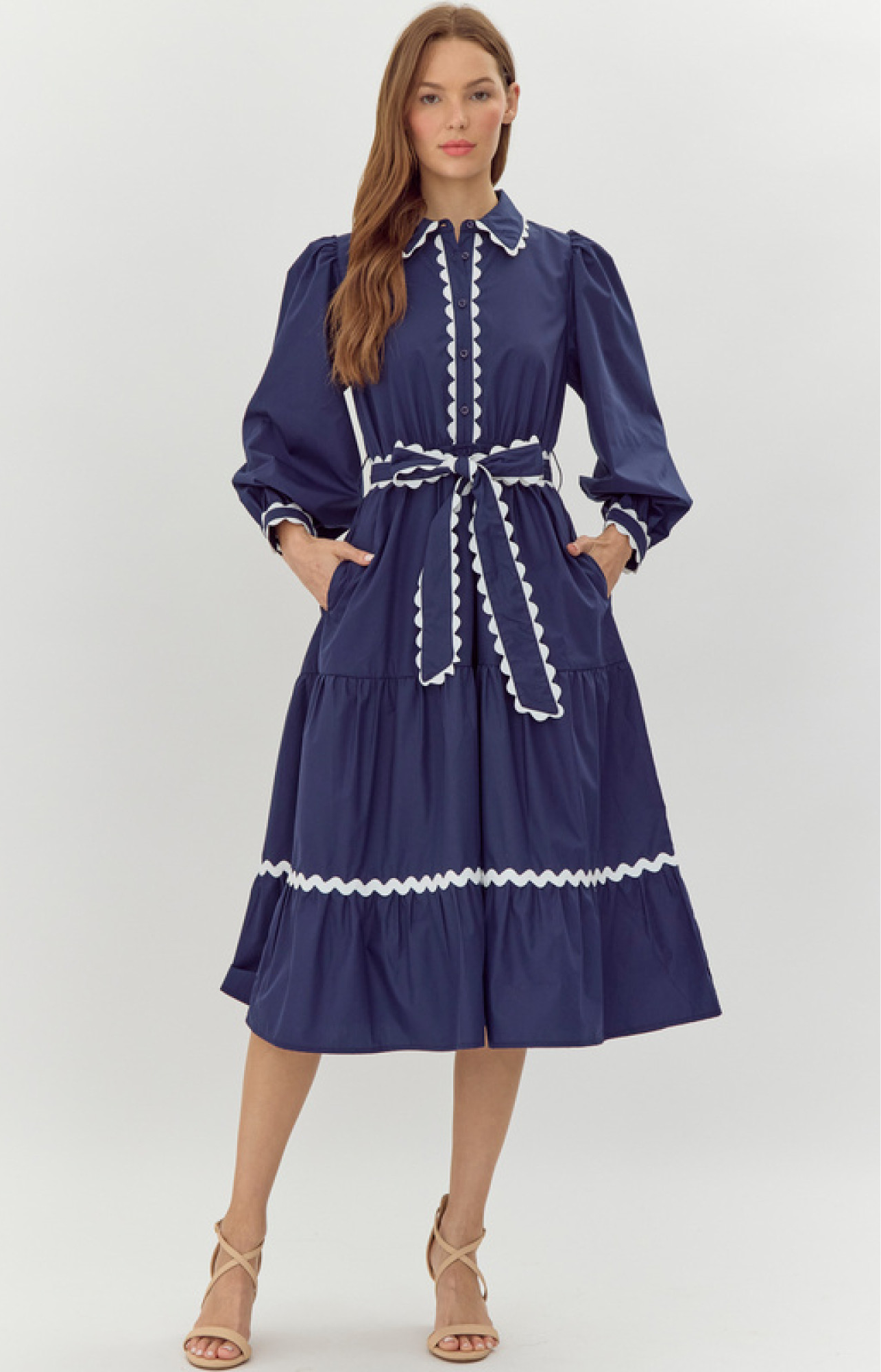 Navy Belted Dress with Rick Rack Accents