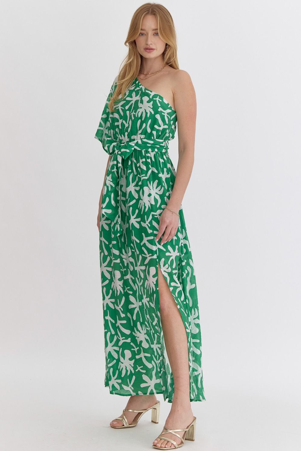 Green Printed One Shoulder Midi Dress