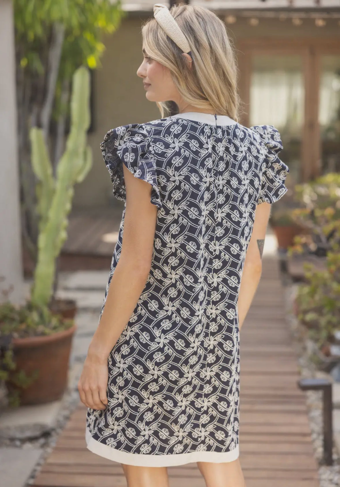 Navy Embroidered Ribbon Dress