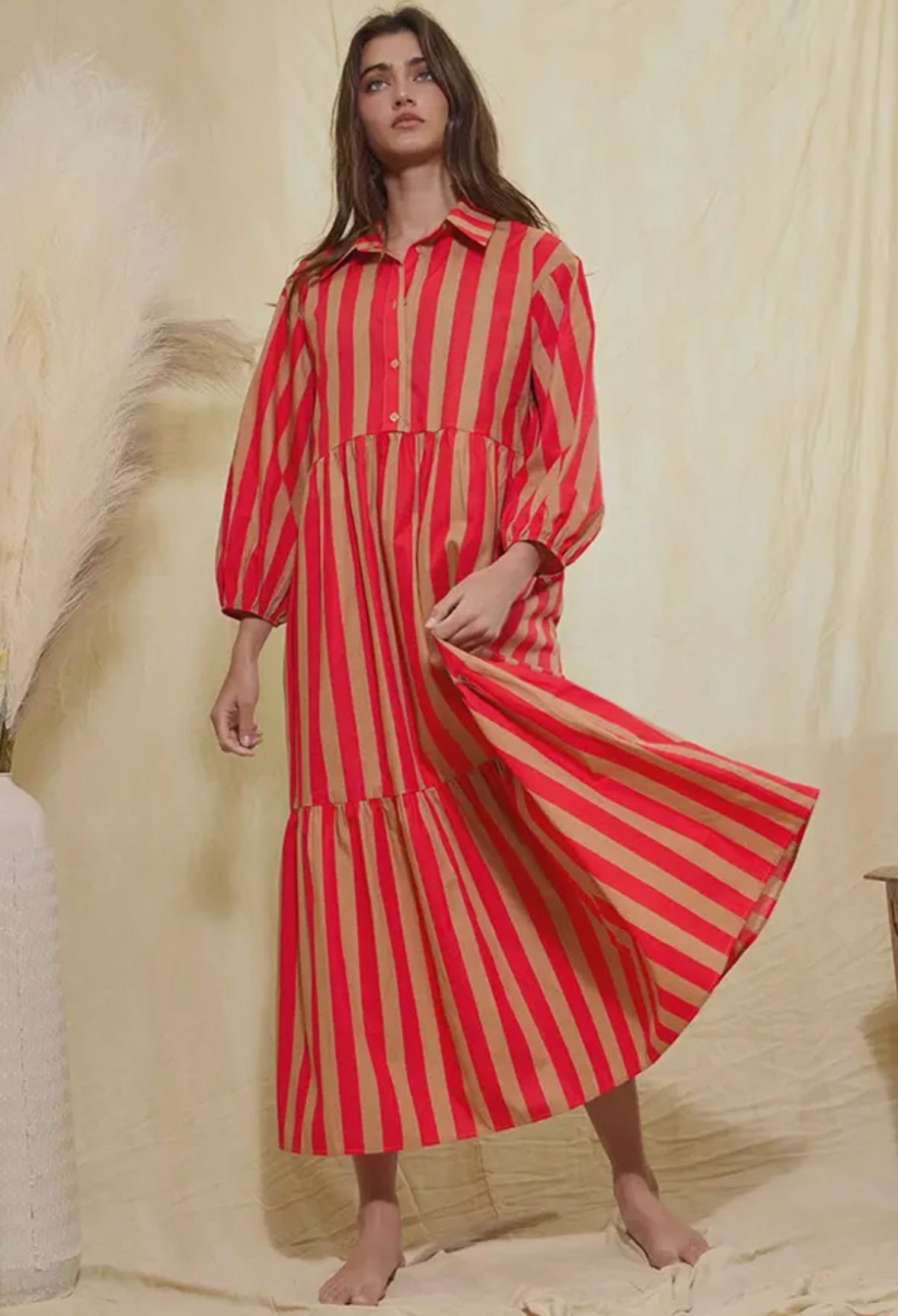 Striped Tiered Midi Shirt Dress