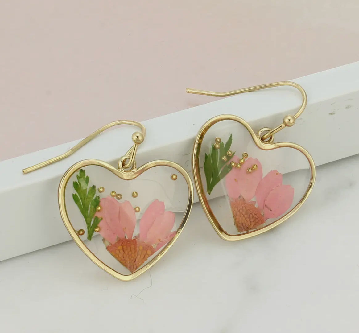 Cottage Pink Floral Hearts Earrings