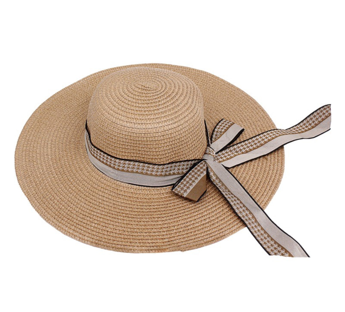 Houndstooth Ribbon Straw Sun Hat