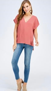 Simple Marsala V Neck Top