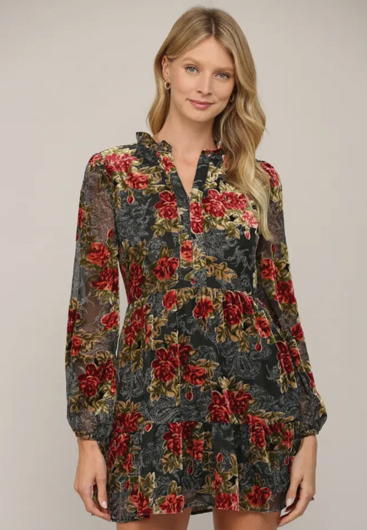 Floral Burnout Velvet Dress