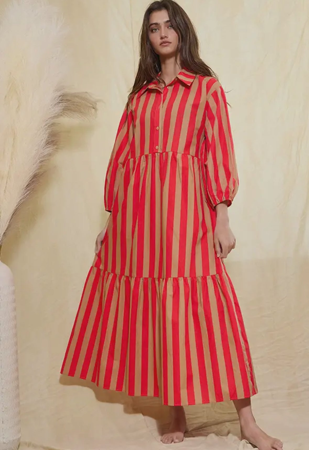 Striped Tiered Midi Shirt Dress