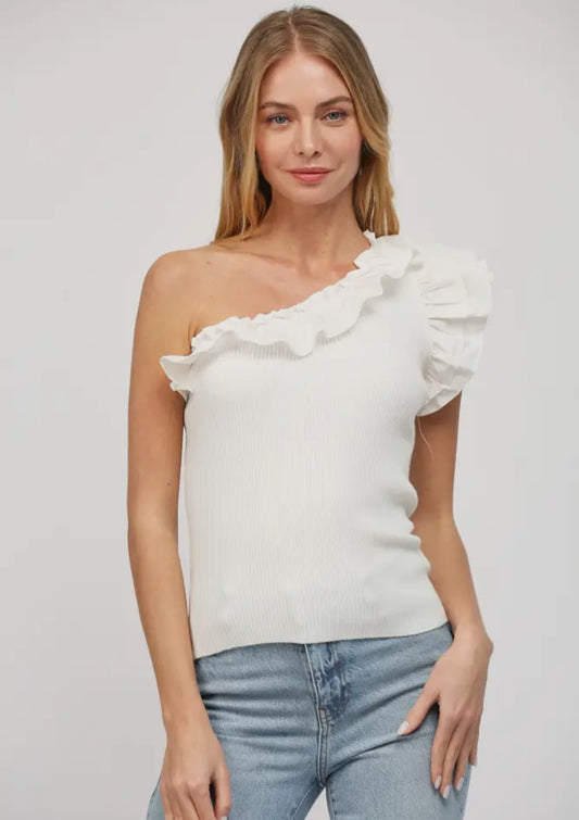 Ruffle Detail One Shoulder Ribbed Top