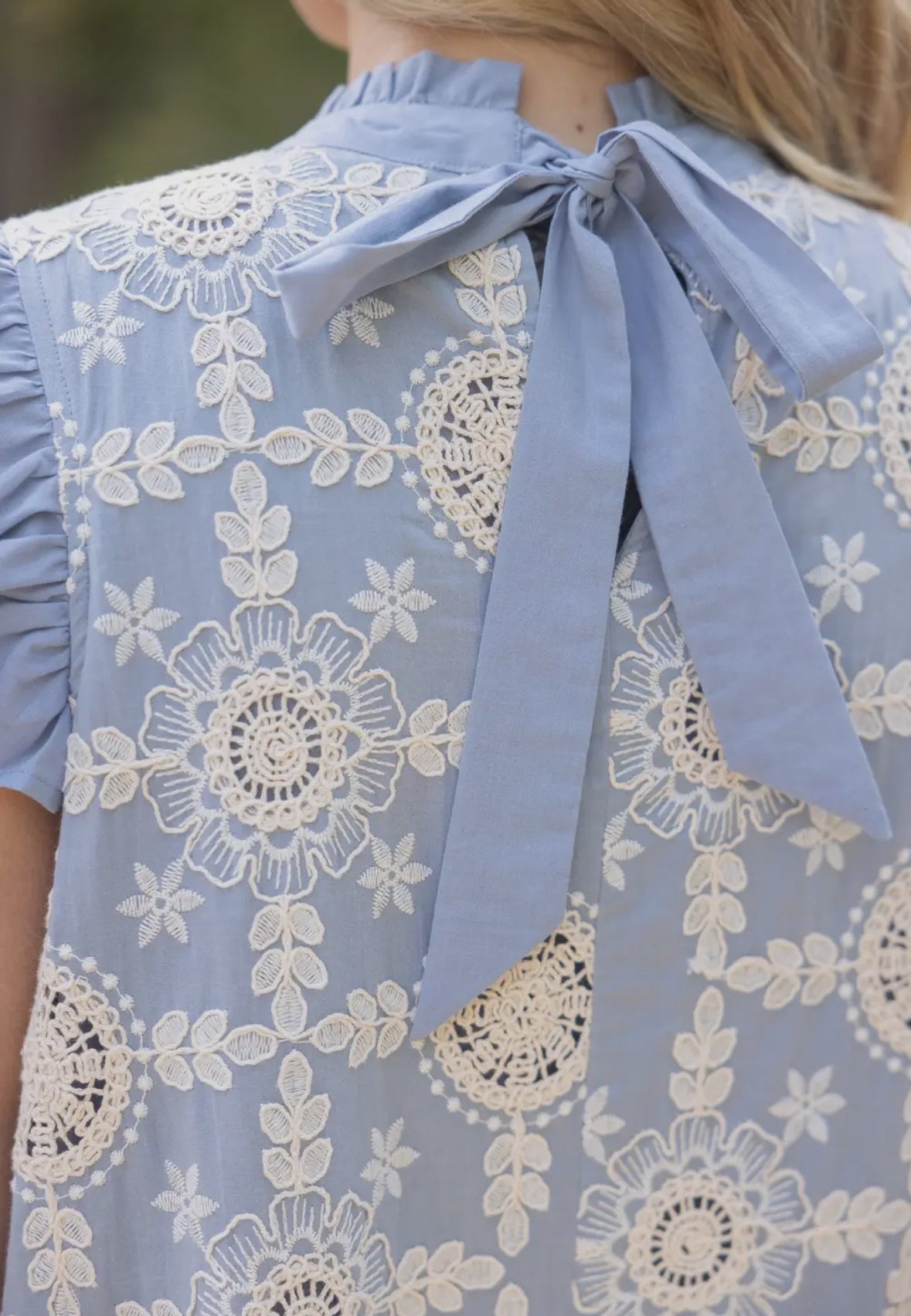 Slate Blue Embroidered Ruffle Sleeve Dress