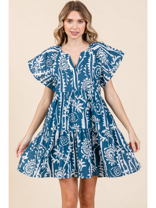 Printed Ink Blue Flounce Hemline Dress