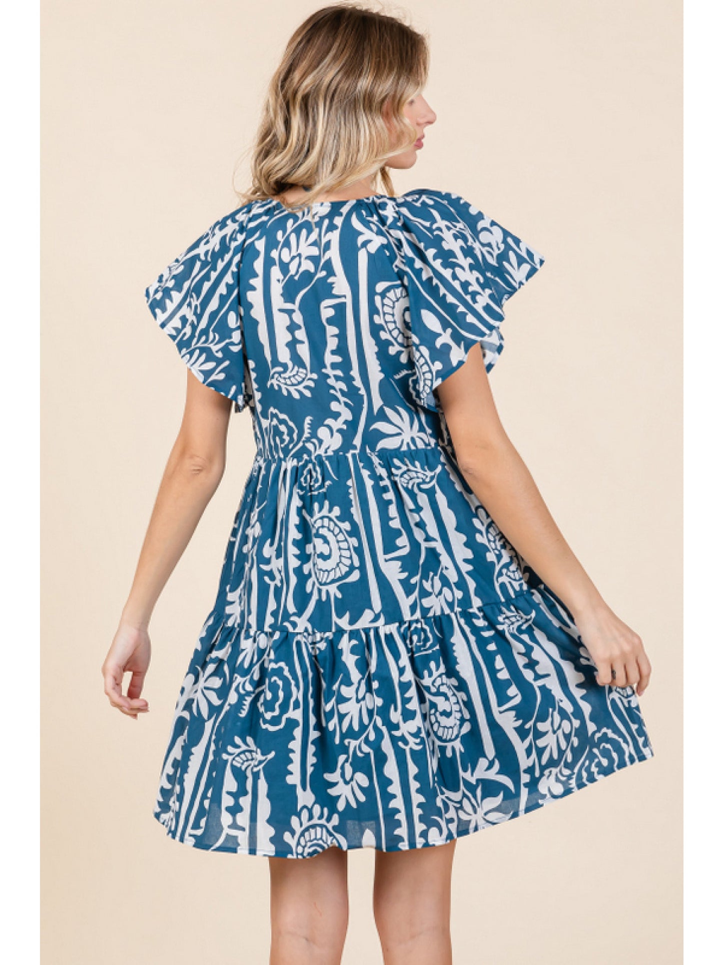 Printed Ink Blue Flounce Hemline Dress