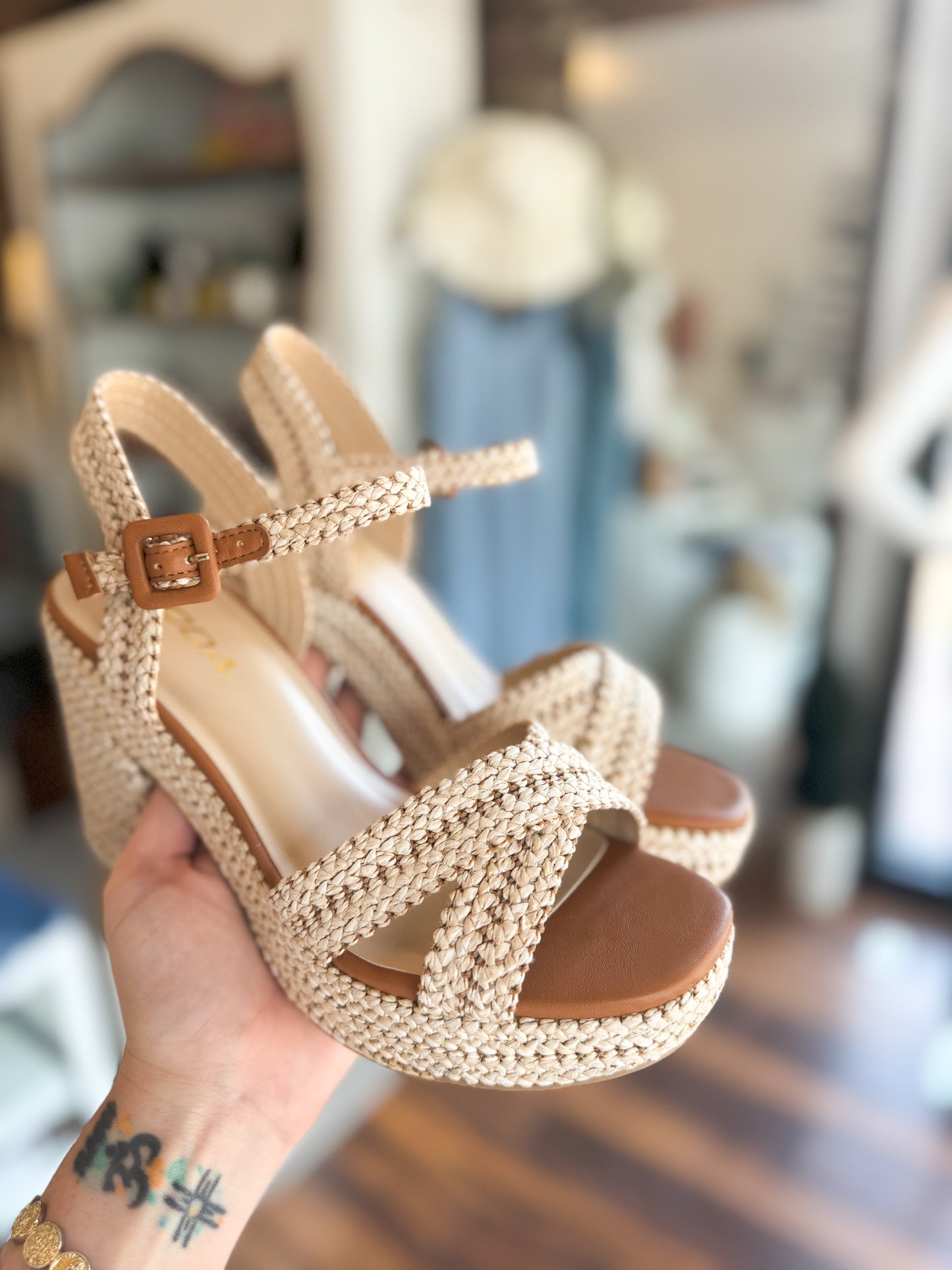 Rope Woven Raffia Block Heel