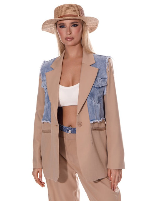 Denim Taupe Mixed Media Blazer