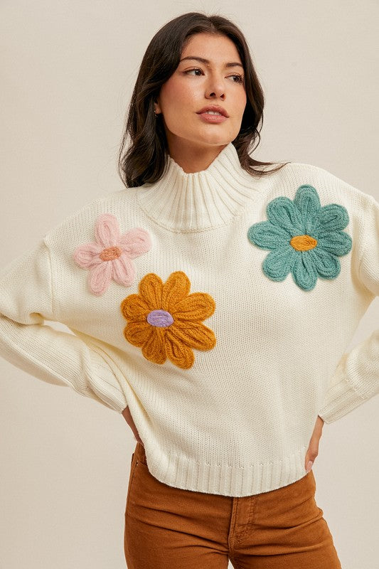 Floral Motif Cropped Turtle Sweater