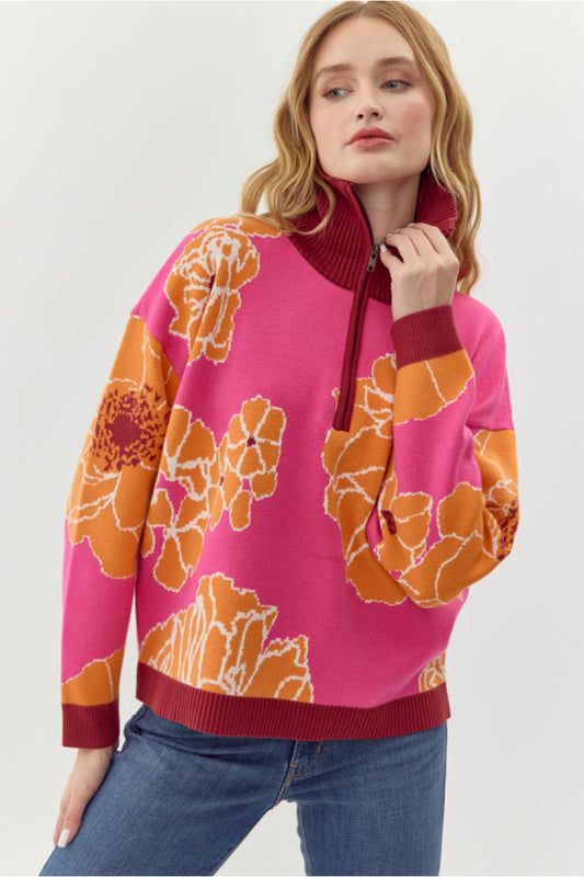 Hot Pink Floral Half Zip Pullover