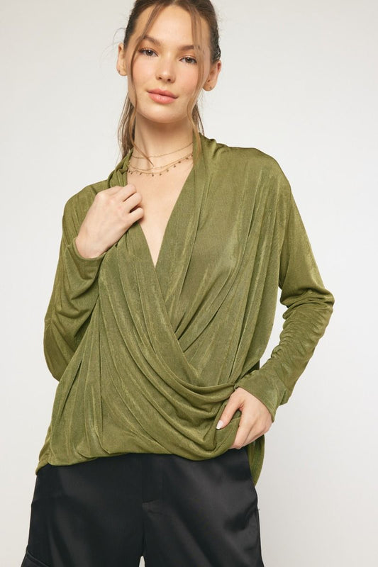 Drape Neck Olive Long Sleeve Top