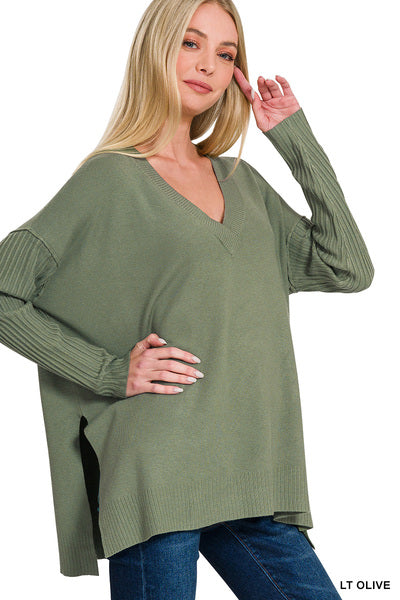 Ribbed Sleeve Hi-Low Sweater