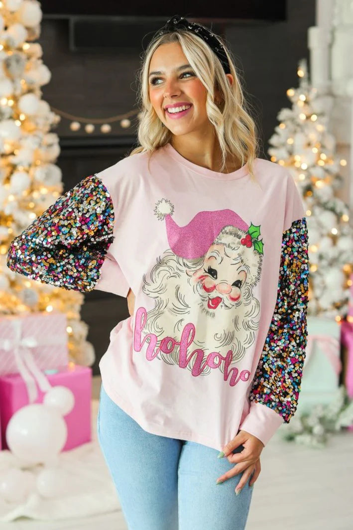 Sequin Sleeve Pink Santa Top