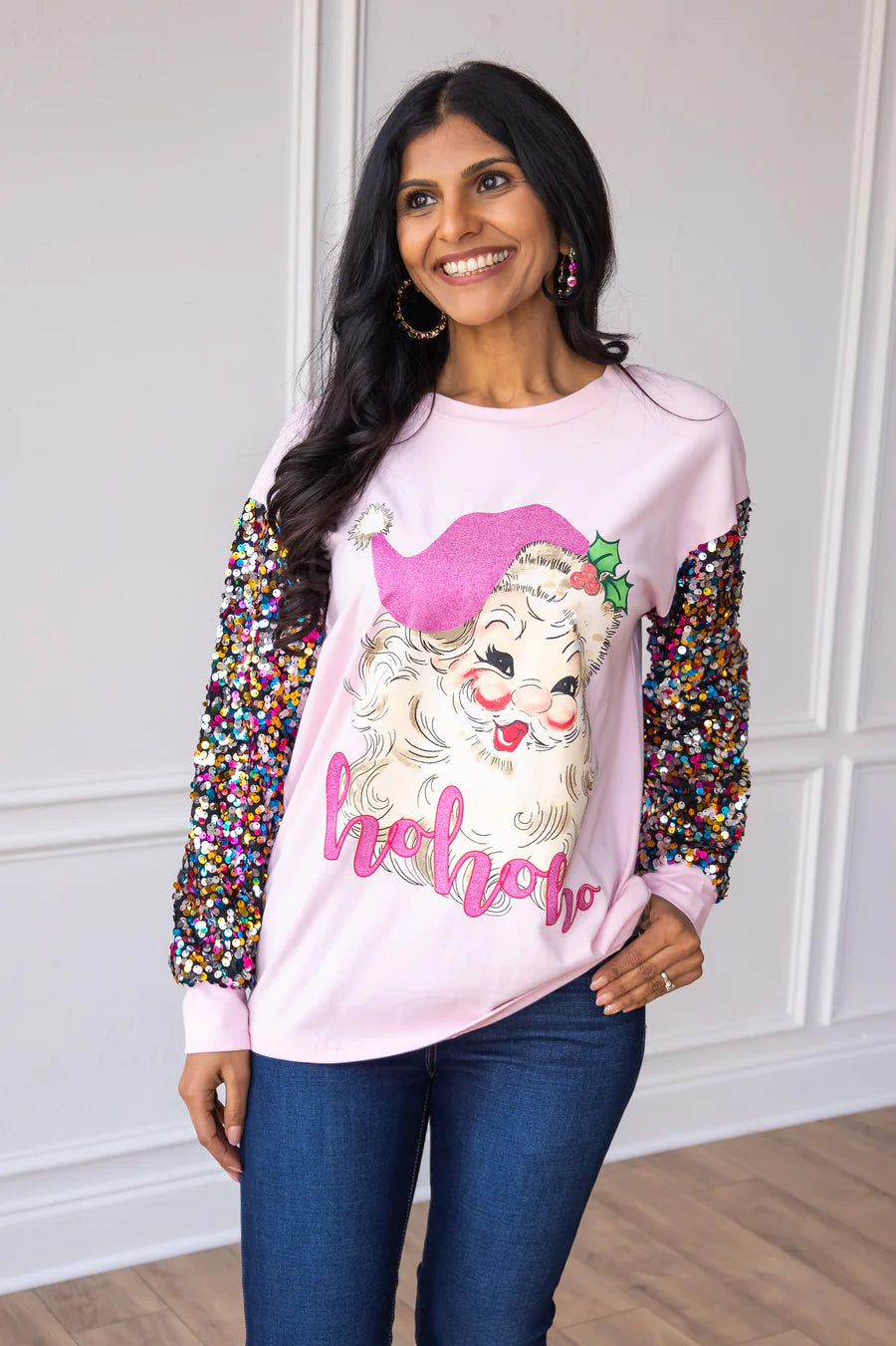 Sequin Sleeve Pink Santa Top