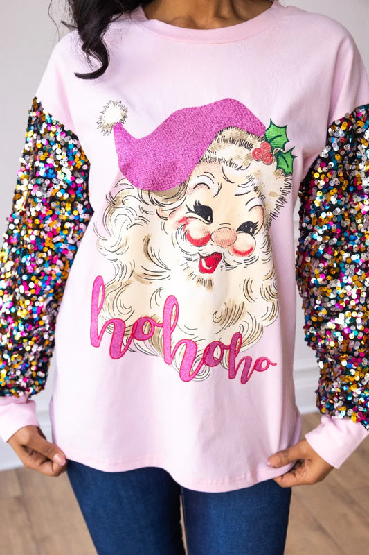 Sequin Sleeve Pink Santa Top