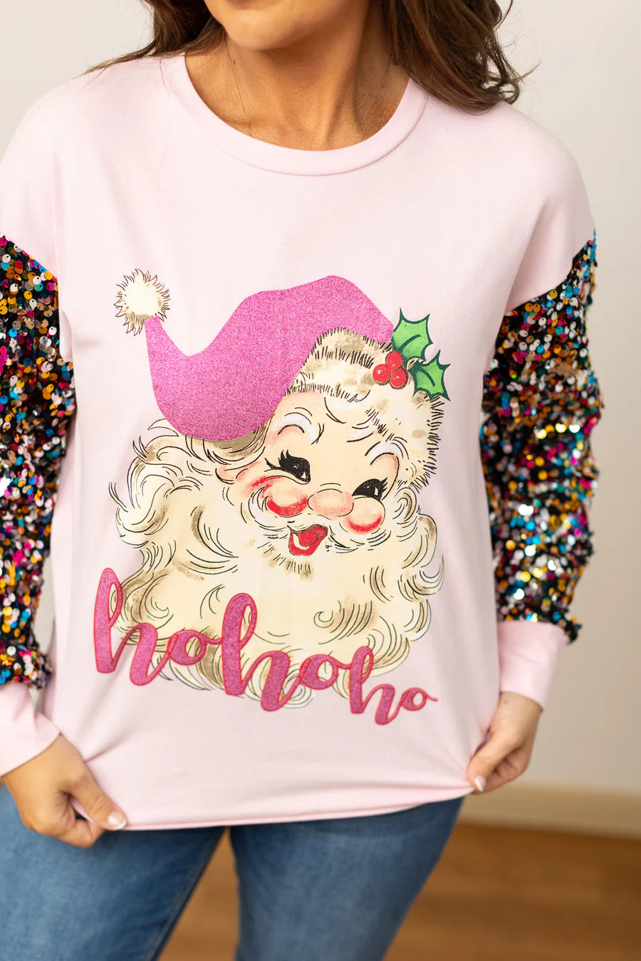 Sequin Sleeve Pink Santa Top