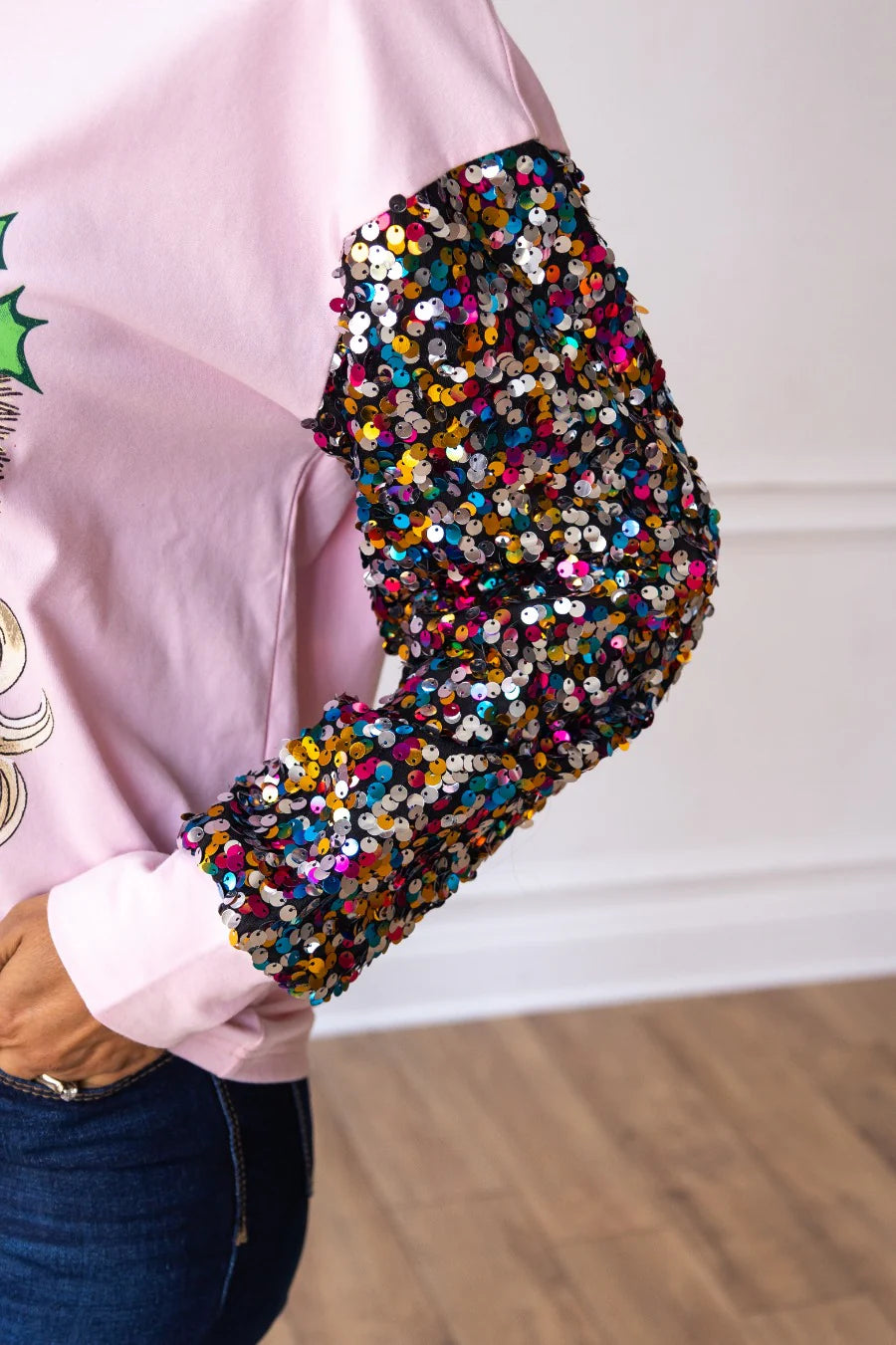 Sequin Sleeve Pink Santa Top