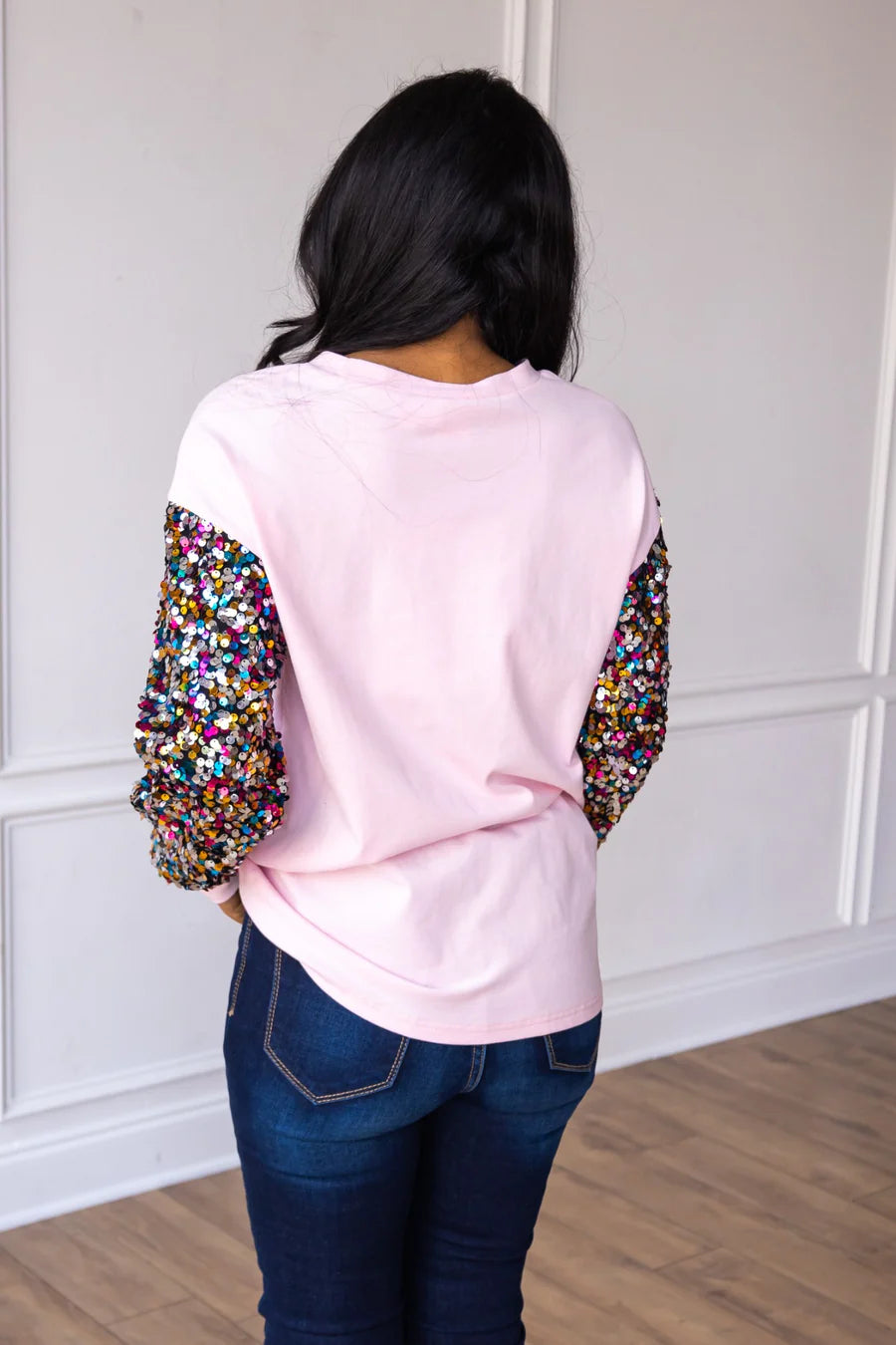 Sequin Sleeve Pink Santa Top