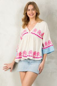 Cream Pink Embroidered Blouse