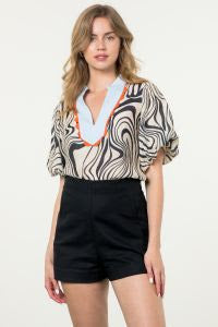 Marbled Accent Collar Blouse