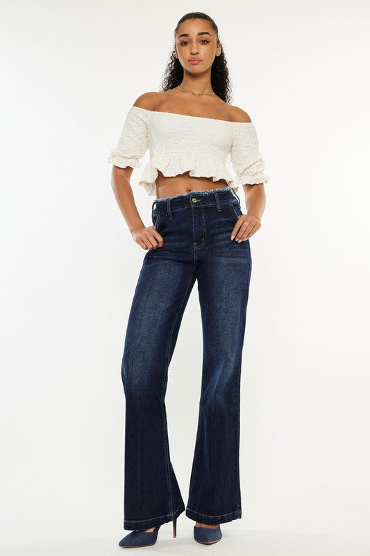 High Fringe Waist Dark Denim Flare Jeans