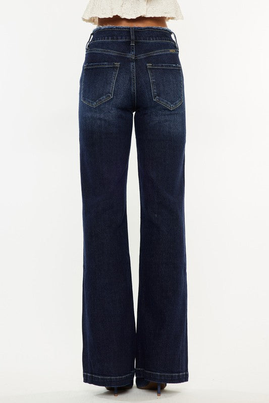 High Fringe Waist Dark Denim Flare Jeans