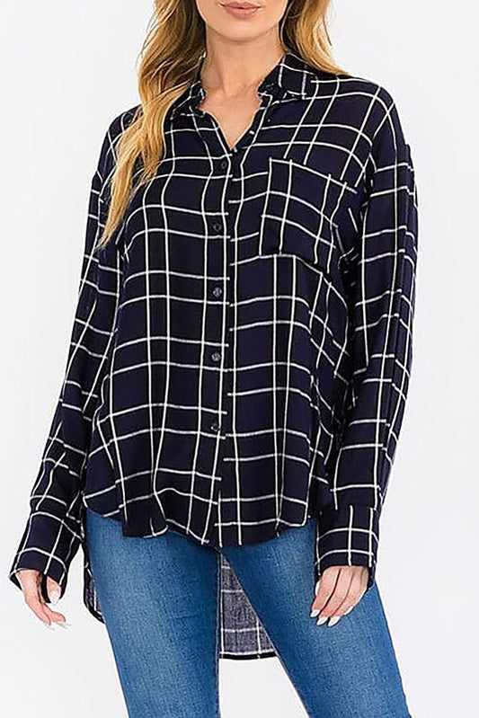 Plaid Navy High-Low Button Down