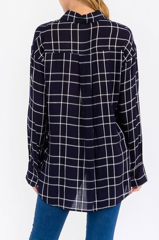 Plaid Navy High-Low Button Down