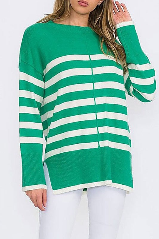 Green + White Striped Pullover Sweater