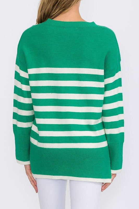 Green + White Striped Pullover Sweater