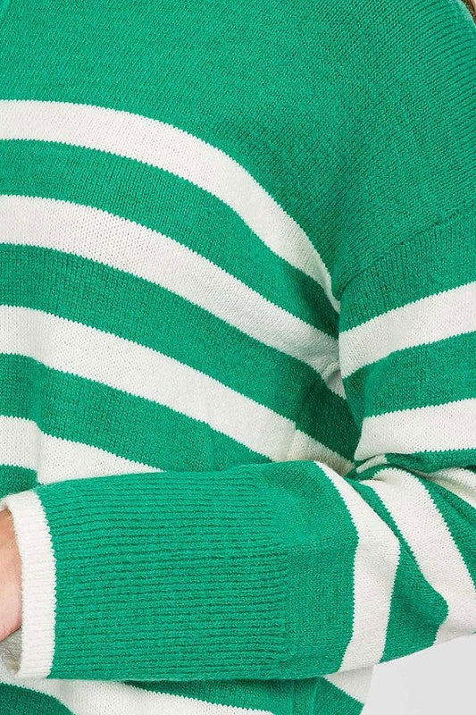 Green + White Striped Pullover Sweater