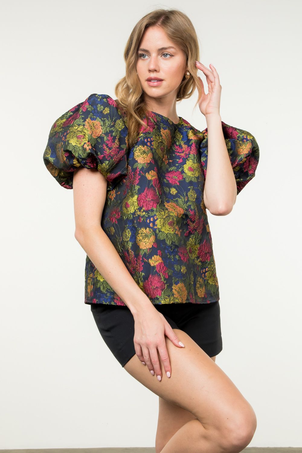 Floral Puff Sleeve Textured Top