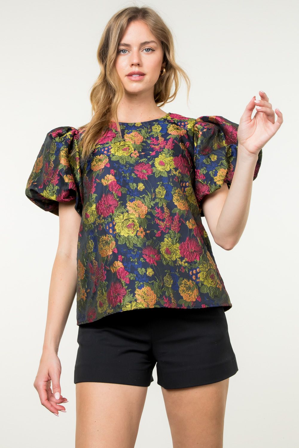 Floral Puff Sleeve Textured Top