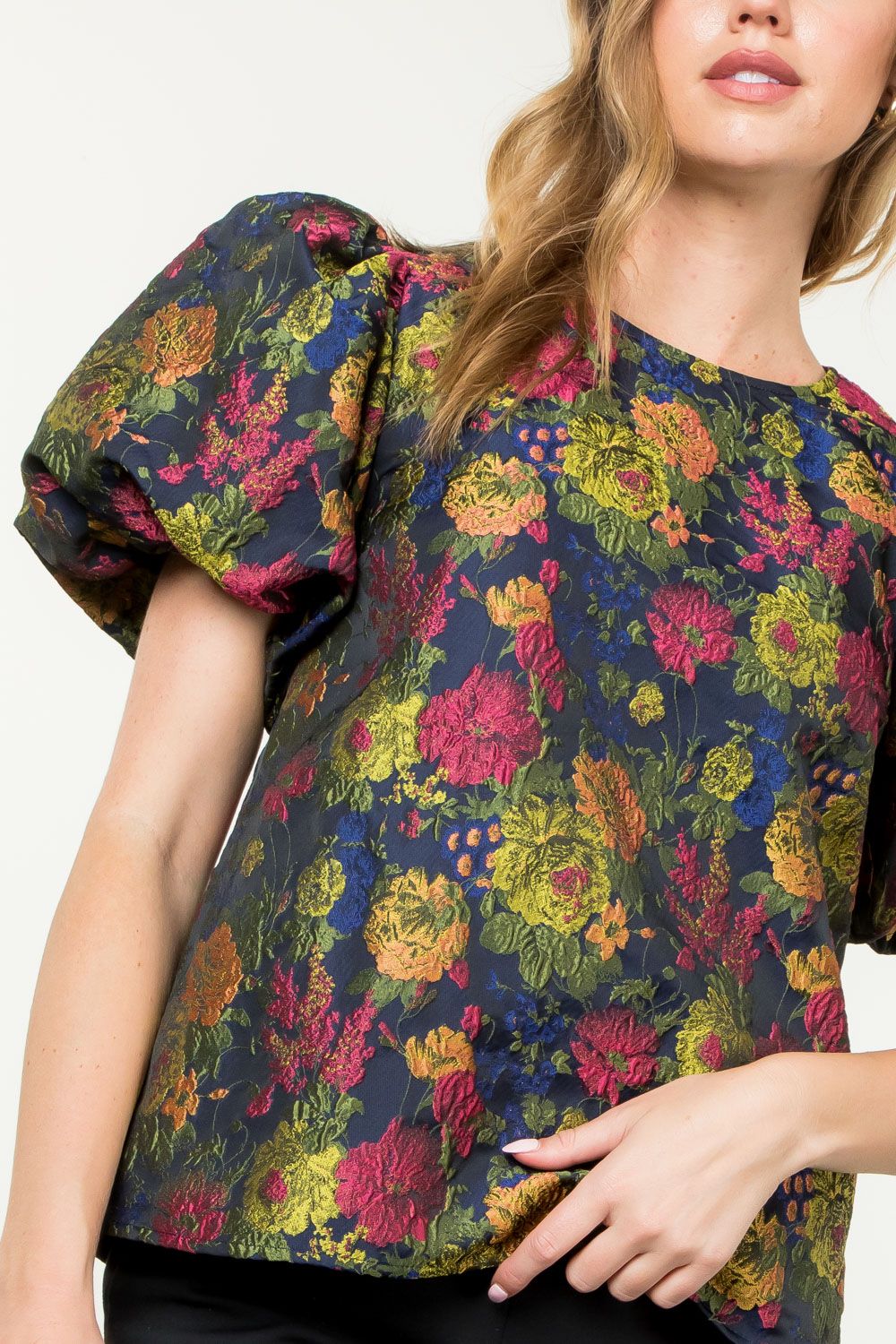 Floral Puff Sleeve Textured Top