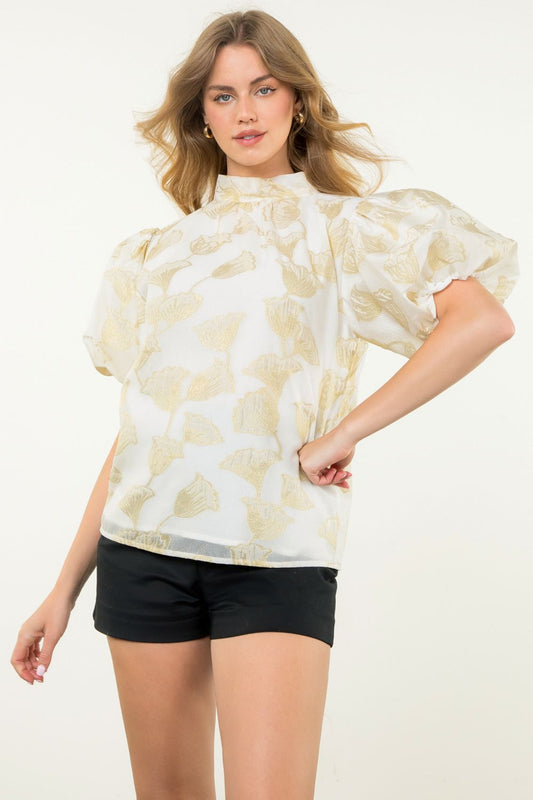 Cream Metallic Gold Flower Puff Sleeve Top