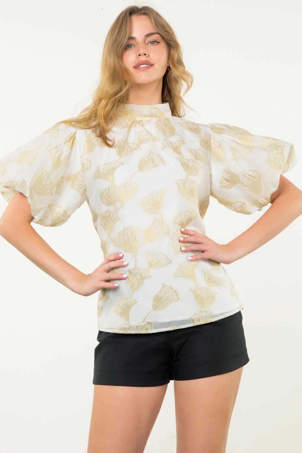 Cream Metallic Gold Flower Puff Sleeve Top