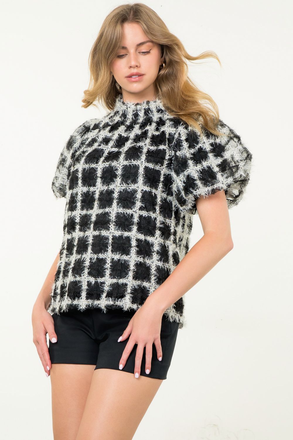 Black + White Fringe Detail Puff Sleeve Top