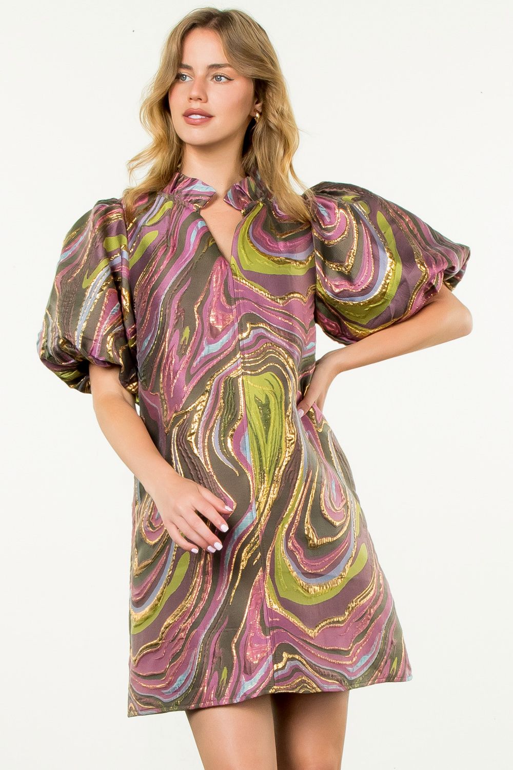 Liquid Textured Puff Sleeve Dress