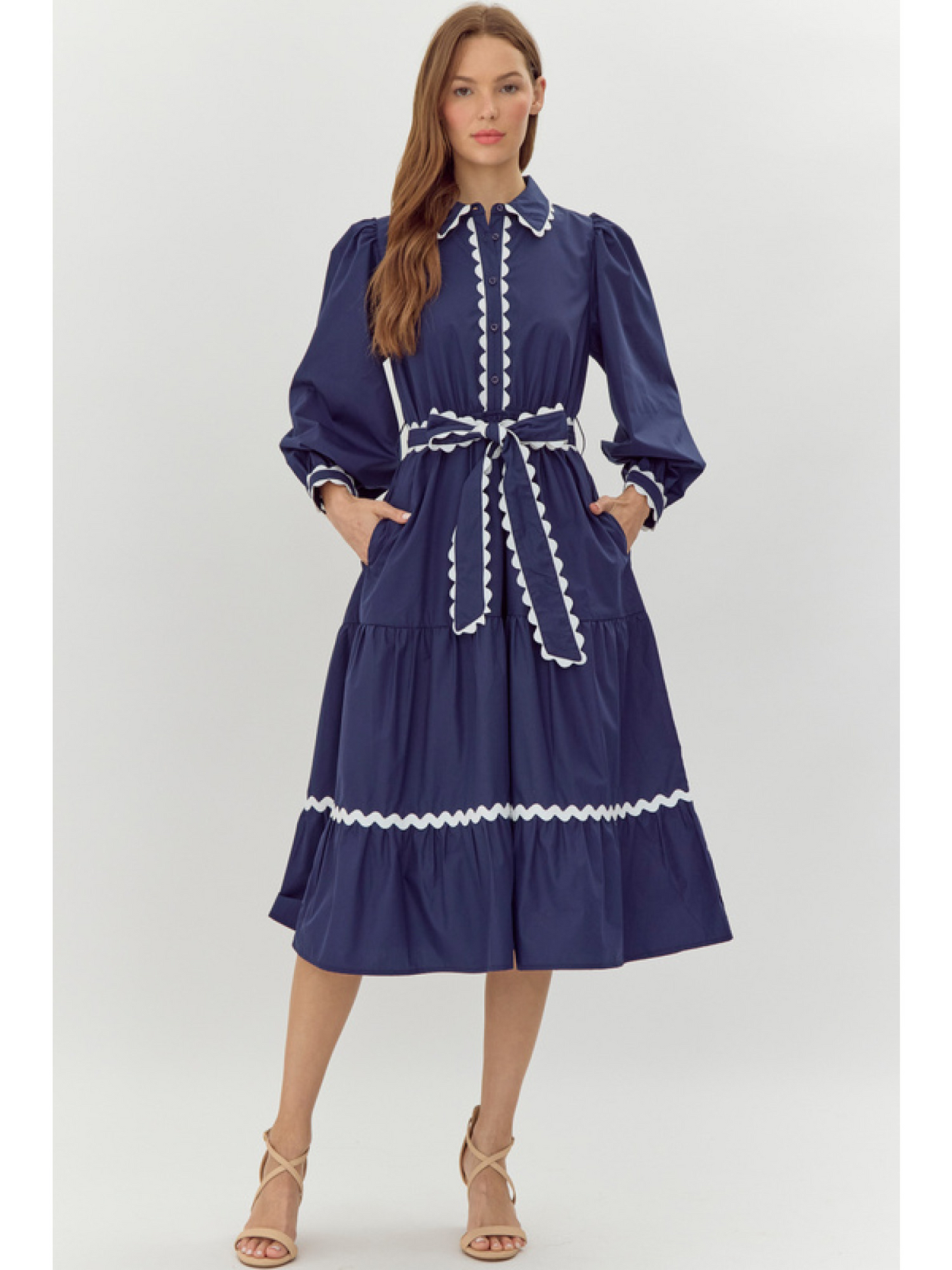 Navy Belted Dress with Rick Rack Accents