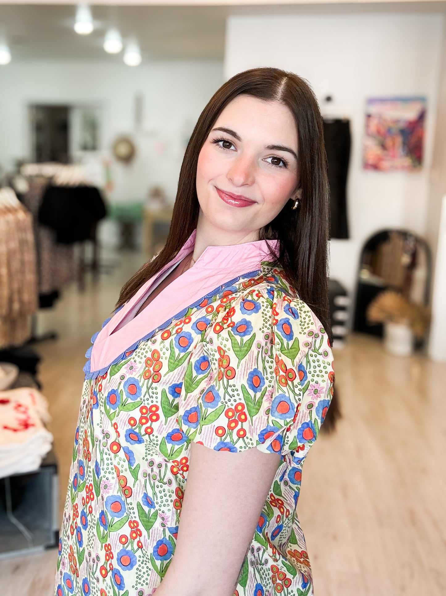 Floral Bubble Sleeve Mini Dress