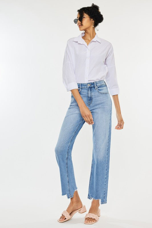 High Rise Straight Destroyed Hem Jeans